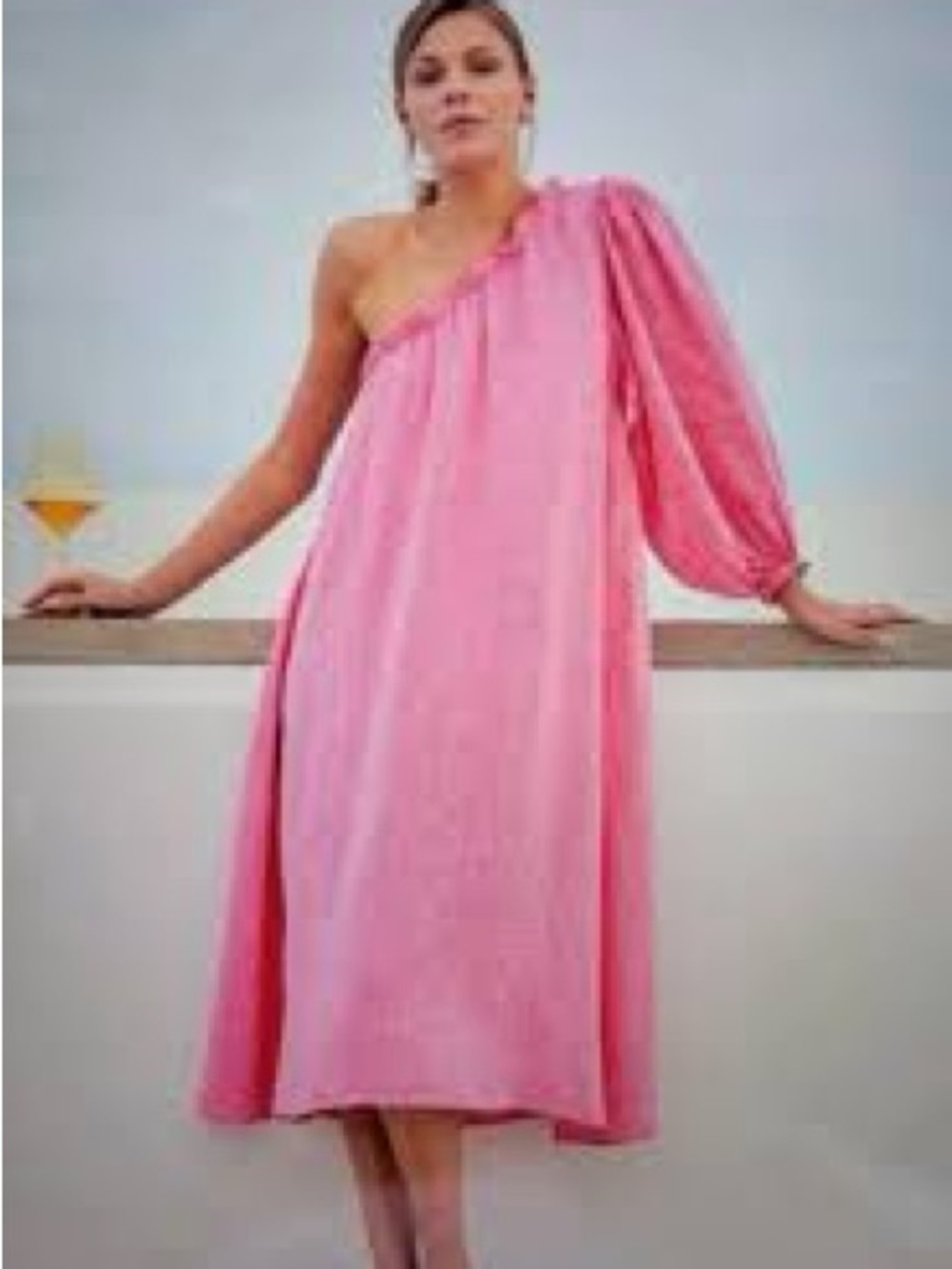 LAKE One-Shoulder Milly Midi Dress in Zinnia Linen